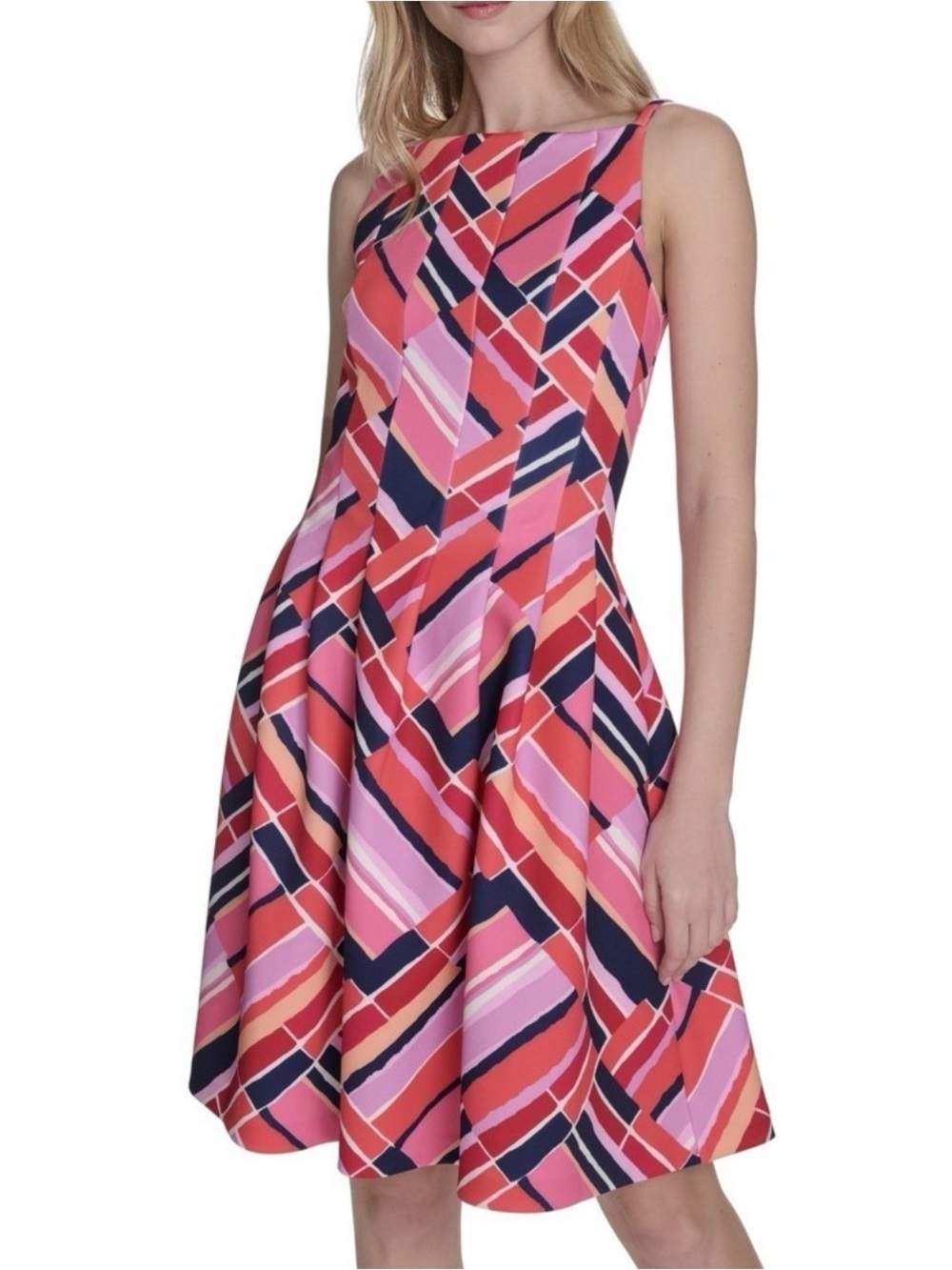 Vince Camuto Coral Pink Navy Geometric Fit-and-Flare Dress